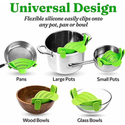 Clip On Pasta Strainer Silicone - Universal Fit for all Pots and Bowls | Snap On Drainer for Pasta, Meat, Vegetables, Fruit | Silicone Colander for