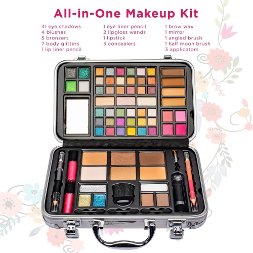 Vokai Makeup Kit Gift Set - London Travel Case 41 Eye Shadows 4 Blushes 5 Bronzers 7 Body Glitters 1 Lip Liner Pencil 1 Eye Liner Pencil 2 Lip Gloss