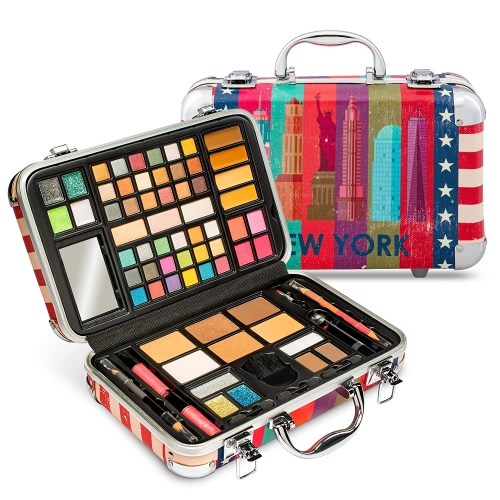 Vokai Makeup Kit Gift Set - New York Travel Case 41 Eye Shadows 4 Blushes 5 Bronzers 7 Body Glitters 1 Lip Liner Pencil 1 Eye Liner Pencil 2 Lip Glos