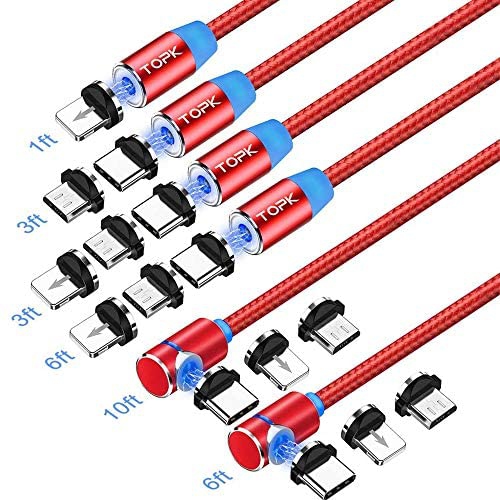 TOPK  Magnetic Charging Cable, (6-Pack, 1Ft/3Ft/3Ft/6Ft/6Ft/10Ft) Magnetic Phone Charger, 3-In-1 USB Magnetic Cable