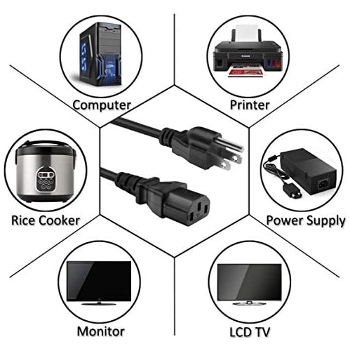uowlbear 1.8M Power Cord, 3 Prong Power Cable for Computer, Printer, Power AC Adapter, LCD TV, PC Monitor, Rice Cooker,