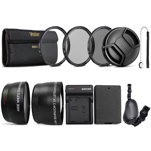 LP-E10 Replacement Battery + Charger + 58mm Wide Angle Lens + Telephoto + UV CPL ND Lens + DSLR Grip Strap + Lens Cap + Cap Holder