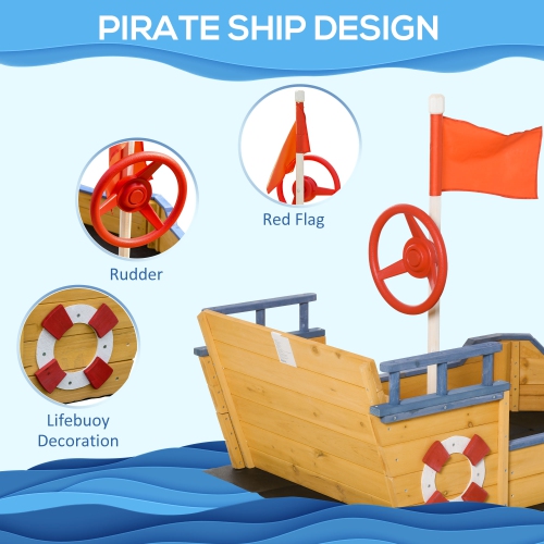 Bac à sable en bois Pirate Ship Sandboat Outdoor Backyard pour enfants SandPit avec banquette espace de rangement et drapeau pour 3-6 ans