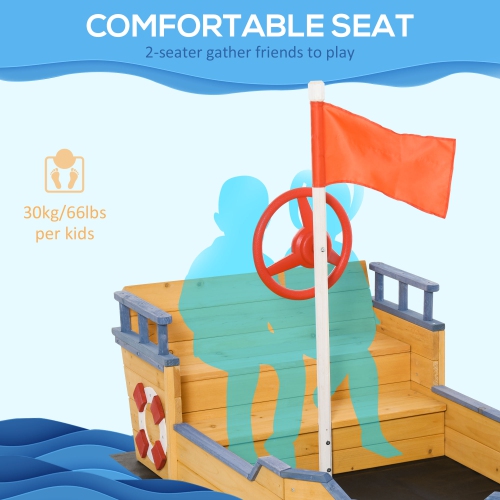 Bac à sable en bois Pirate Ship Sandboat Outdoor Backyard pour enfants SandPit avec banquette espace de rangement et drapeau pour 3-6 ans