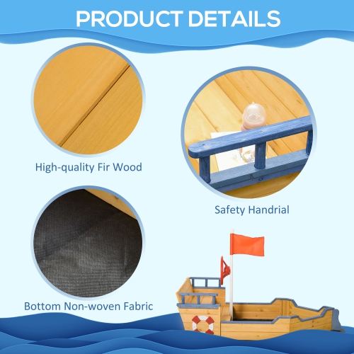 Bac à sable en bois Pirate Ship Sandboat Outdoor Backyard pour enfants SandPit avec banquette espace de rangement et drapeau pour 3-6 ans