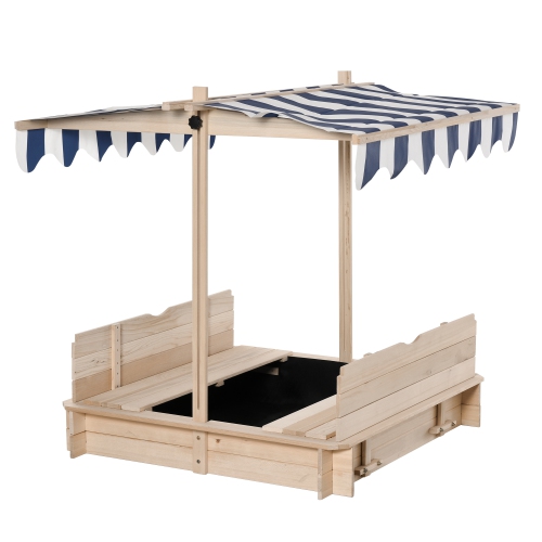 Outsunny Kids Wooden Cabana Sandbox Children Outdoor Backyard Playset Play Station w/ Adjustable Canopy