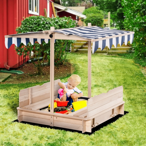 Outsunny Kids Wooden Sandbox w/Adjustable, retractible Canopy & Foldable Bench Seats for 3-7 Years Old, Natural