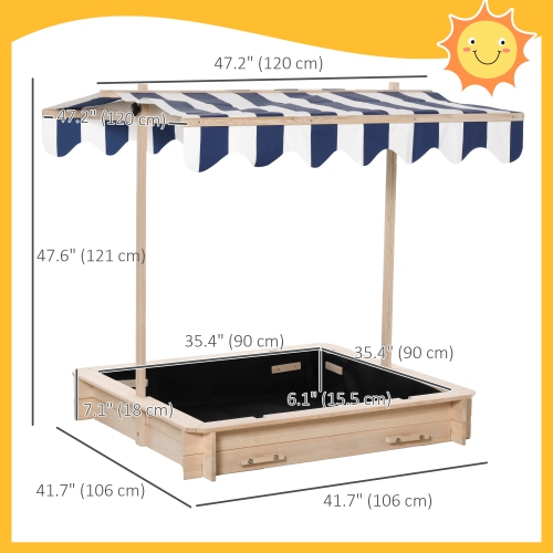Outsunny Kids Wooden Sandbox w/Adjustable, retractible Canopy & Foldable Bench Seats for 3-7 Years Old, Natural