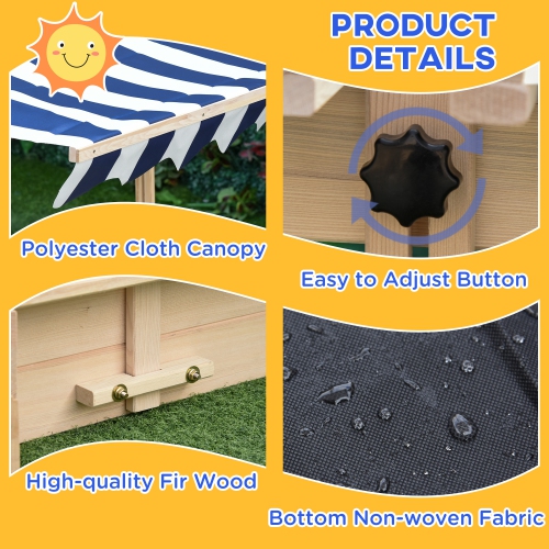 Outsunny Kids Wooden Sandbox w/Adjustable, retractible Canopy & Foldable Bench Seats for 3-7 Years Old, Natural
