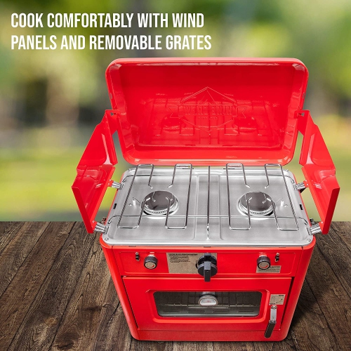 Hike Crew Outdoor Gas Camping Oven w/Carry Bag | 2-in-1 Portable Propane-Powered Stovetop & Oven w/ 2-Burner Cooktop Range, Auto Ignition, Overheat