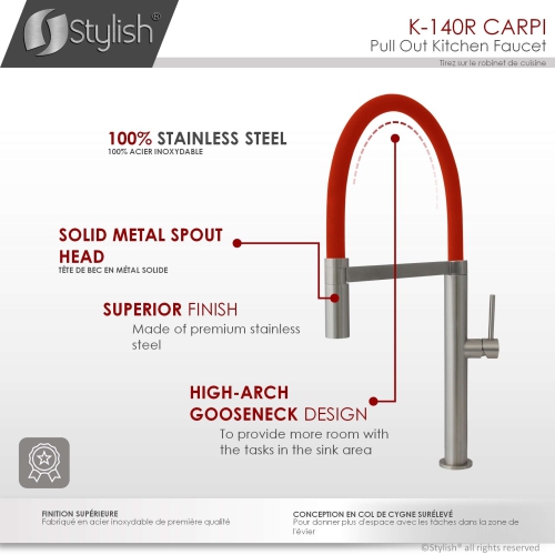 Single Handle Stainless Steel with Red Spout Hose Pull Out Three Modes Kitchen Faucet