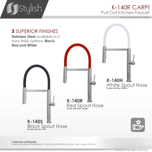 Single Handle Stainless Steel with Red Spout Hose Pull Out Three Modes Kitchen Faucet