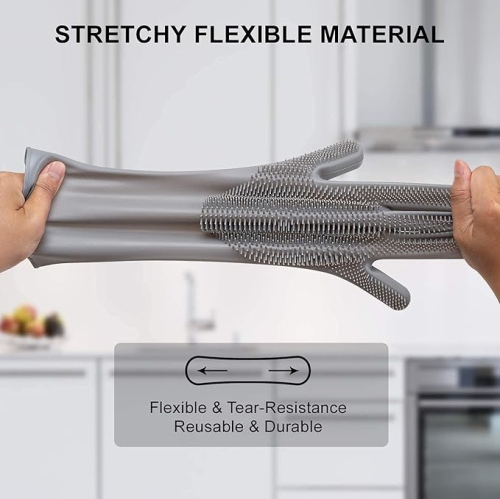 ISTAR Reusable Silicone Dishwashing Gloves, Pair of Rubber Scrubbing Gloves for Dishes, Wash Cleaning Gloves with Sponge Scrubbers for Washing