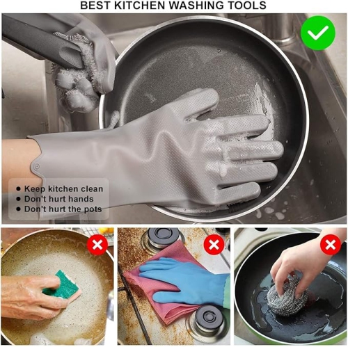 ISTAR Reusable Silicone Dishwashing Gloves, Pair of Rubber Scrubbing Gloves for Dishes, Wash Cleaning Gloves with Sponge Scrubbers for Washing