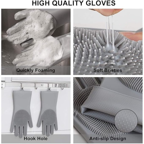 ISTAR Reusable Silicone Dishwashing Gloves, Pair of Rubber Scrubbing Gloves for Dishes, Wash Cleaning Gloves with Sponge Scrubbers for Washing