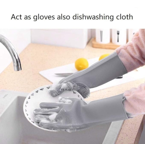 ISTAR Reusable Silicone Dishwashing Gloves, Pair of Rubber Scrubbing Gloves for Dishes, Wash Cleaning Gloves with Sponge Scrubbers for Washing