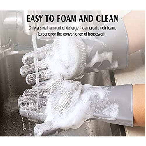 ISTAR Reusable Silicone Dishwashing Gloves, Pair of Rubber Scrubbing Gloves for Dishes, Wash Cleaning Gloves with Sponge Scrubbers for Washing