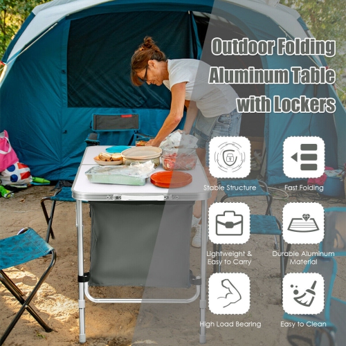 Gymax Folding Camping Table Aluminum Height Adjustable w/ Storage Organizer Grey
