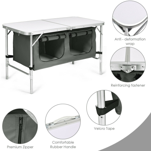 Gymax Folding Camping Table Aluminum Height Adjustable w/ Storage Organizer Grey
