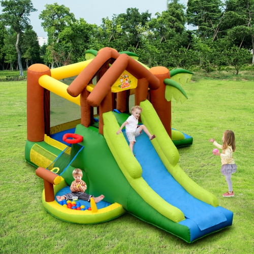 Gymax Inflatable Bounce House Jungle Jumping Bouncer Double Slides Park w/ Blower