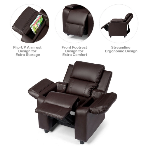 Gymax Deluxe Padded Kids Sofa Armchair Recliner Headrest Children w/ Storage Arm Brown
