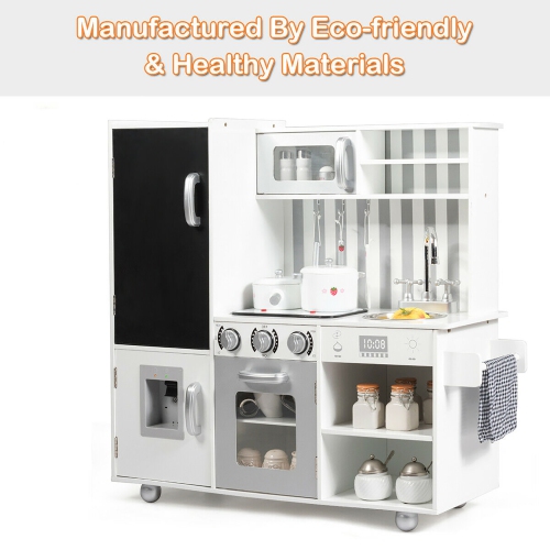 Gymax Kids Wooden Pretend Kitchen Playset Cooking Toys w/ Utensils Sounds & Wordpad