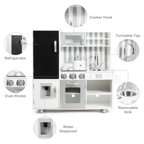 Gymax Kids Wooden Pretend Kitchen Playset Cooking Toys w/ Utensils Sounds & Wordpad