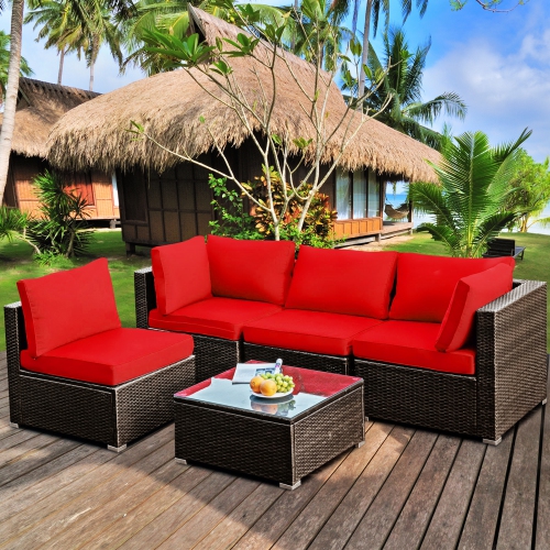 GYMAX  5PCs Rattan Patio Conversation Set Sofa Furniture Set W/ Cushions In Red