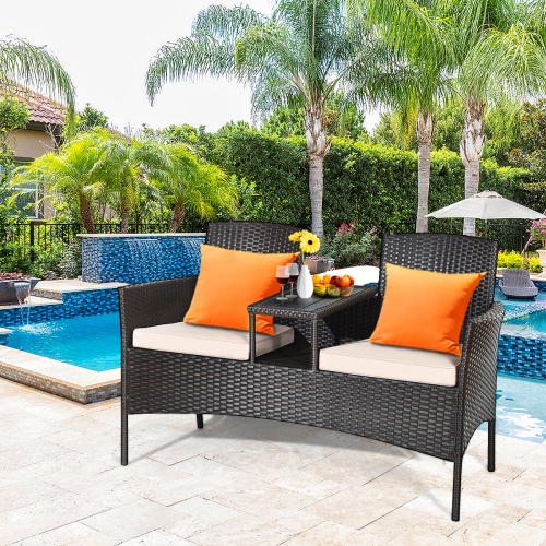 GYMAX  Patented Cushioned Rattan Wicker Patio Conversation Set W/ Loveseat Table Mix In Brown