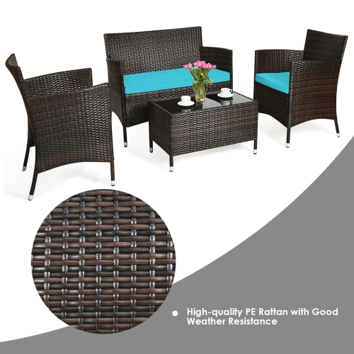 Gymax 4PCS Patio Rattan Conversation Furniture Set Outdoor w/ Cushion