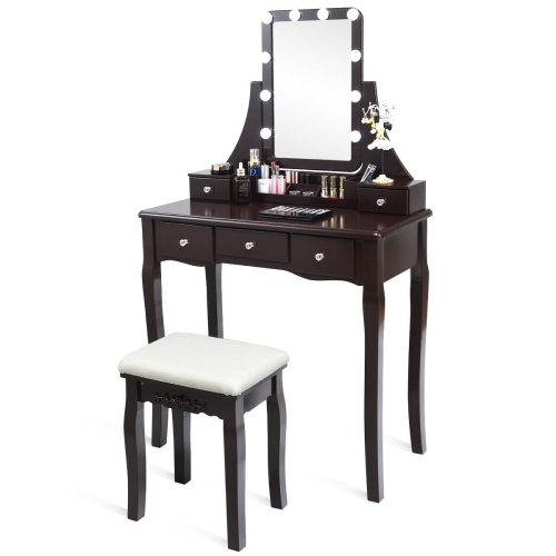 GYMAX  Vanity Dressing Table Set W/removable Box &10 Dimmable Bulbs Touch Switch In Brown