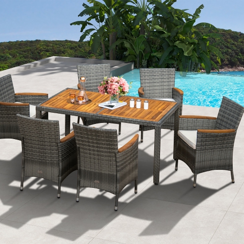 GYMAX  7PCs Outdoor Dining Set Patio Acacia Wood And Rattan Furniture Set W/ Cushions