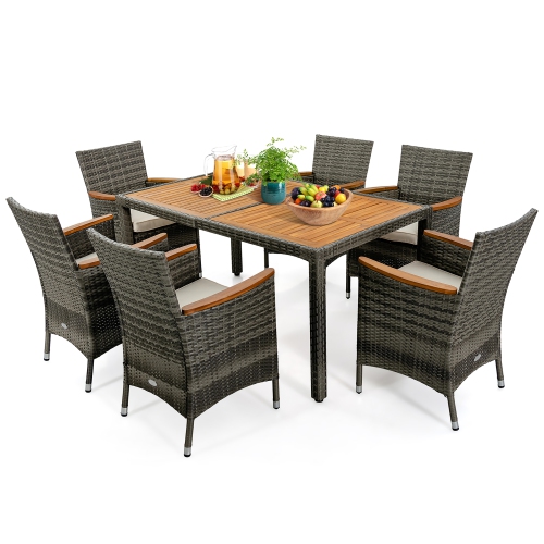Gymax 7PCS Outdoor Dining Set Patio Acacia Wood and Rattan Furniture Set w/ Cushions