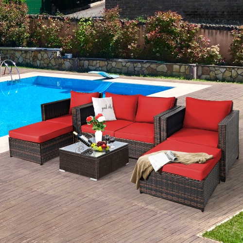 GYMAX  5PCs Outdoor Patio Rattan Conversation Sofa Furniture Set W/ Cushions In Red