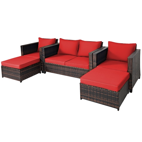 Gymax 5PCS Outdoor Patio Rattan Conversation Sofa Furniture Set w/ Red Cushions