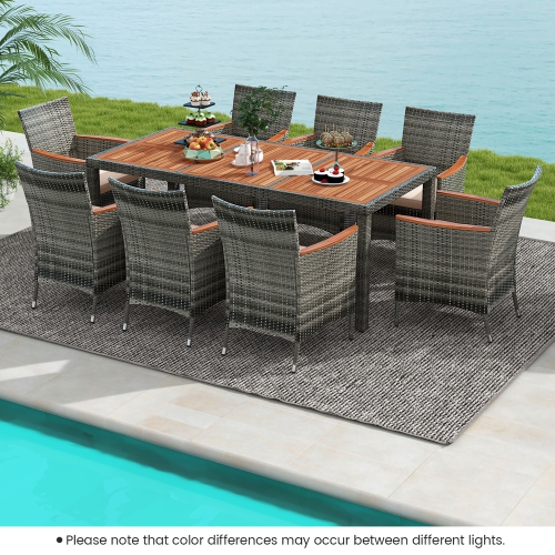 Gymax 9 PCS Wicker Dining Set Patio Dining Furniture Set w/ Acacia Wood Table & 8 Armchairs