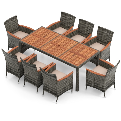 Gymax 9 PCS Wicker Dining Set Patio Dining Furniture Set w/ Acacia Wood Table & 8 Armchairs