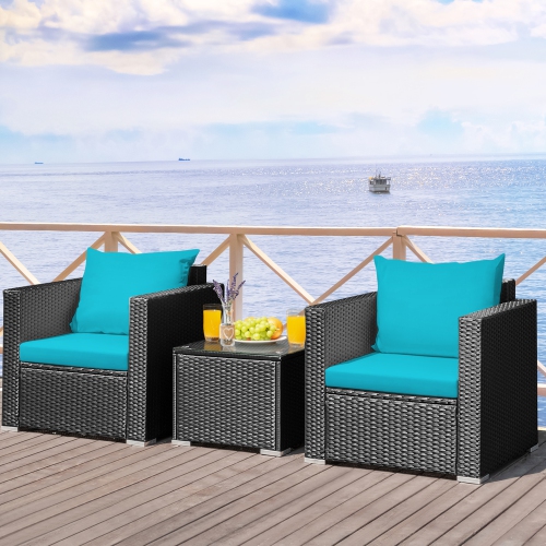 GYMAX  3PCs Rattan Patio Conversation Furniture Set Outdoor W/ Cushions In Turquoise
