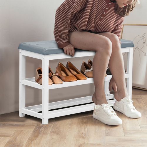 Gymax 2-Tier Wooden Shoe Rack Bench w/Padded Seat for Entryway Bedroom