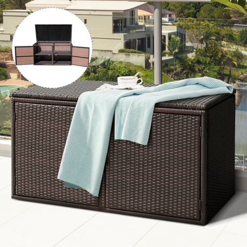 Gymax 88 Gallon Rattan Storage Box Outdoor Patio Container Seat w/ Door Mix Brown