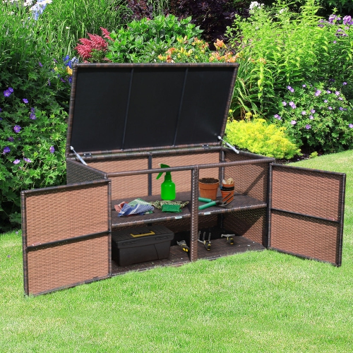 Gymax 88 Gallon Rattan Storage Box Outdoor Patio Container Seat w/ Door Mix Brown