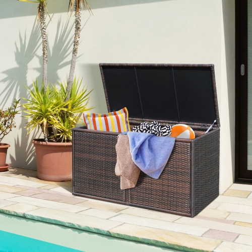 Gymax 88 Gallon Rattan Storage Box Outdoor Patio Container Seat w/ Door Mix Brown