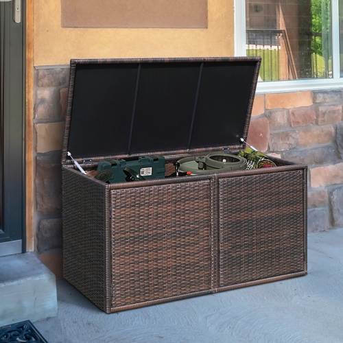 Gymax 88 Gallon Rattan Storage Box Outdoor Patio Container Seat w/ Door Mix Brown