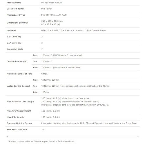 MX410 Mesh-G RGB PC Gaming Case Mid Tower|Mini ITX/Micro ATX/ATX|Cable Management|Tempered Glass Left Side Panel|Black