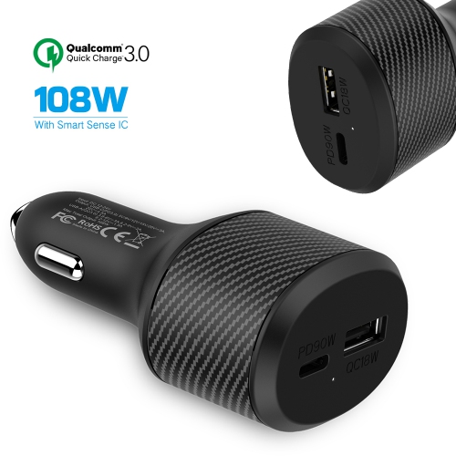 Stimula Lifestyle 108W 2 Port USB-C USB-A & QC 3.0 USB MacBook Pro iPad Pro AirPod Pro iPhone 10 11 12 13 14 15 16 17 Quick Charge Cigarette Car