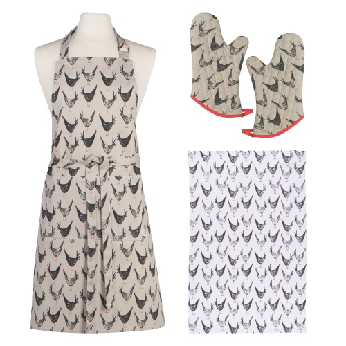Everyday Kitchen 4 Piece Apron Mitts and Dishtowel Set, Chicken Scratch