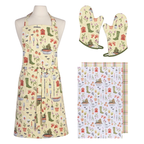 NOW DESIGNS  Everyday Kitchen 5 Piece Apron Mitts And Dishtowels Set, Garden