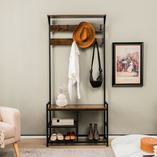 Gymax 72'' Freestanding Hall Tree 4-in-1 Coat Rack Shoe Bench w/ Top Shelf & 9 Removable Hooks