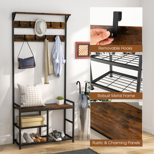 Gymax 72'' Freestanding Hall Tree 4-in-1 Coat Rack Shoe Bench w/ Top Shelf & 9 Removable Hooks