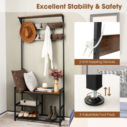 Gymax 72'' Freestanding Hall Tree 4-in-1 Coat Rack Shoe Bench w/ Top Shelf & 9 Removable Hooks
